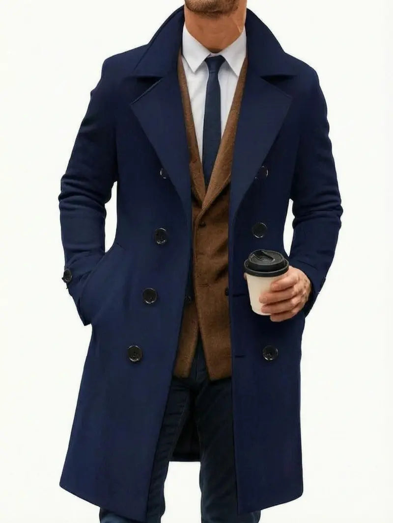 Men’s long trench coat jacket with notched lapel collar, double-breasted design, slim fit, classic mid-length overcoat