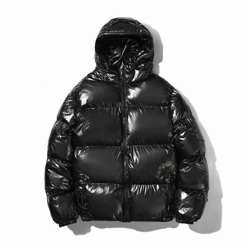 Mens Shiny Glossy Smooth Puffer Jacket - Zip-Up Hooded, Thick Cotton-Padded Menswear Garment, Ribbed, Windproof Thermal, Loose Fit, Clean Minimalist Stylish Casual Streetwear, Side Pockets for Cold Winter Comfort