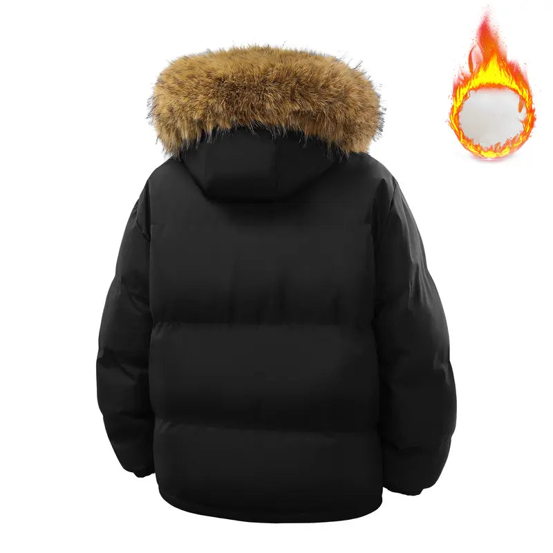 All-Black Men's Woven Hooded Jacket - Winter Thick Warm Slim Fit Long-Sleeve Casual Top, Detachable Faux Fur Collar, Couples Style, Zipper, Drawstring, Layering Outerwear Essential, M Size, Fitted Fleece Lining, New Year Wear