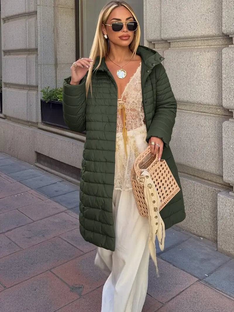 Women's Mid-Length Puffer Coat, Casual Hooded Top with Pockets and Buttons, Fall & Winter Warm Woven Outerwear, Lightweight Thick Fabric Womenswear
