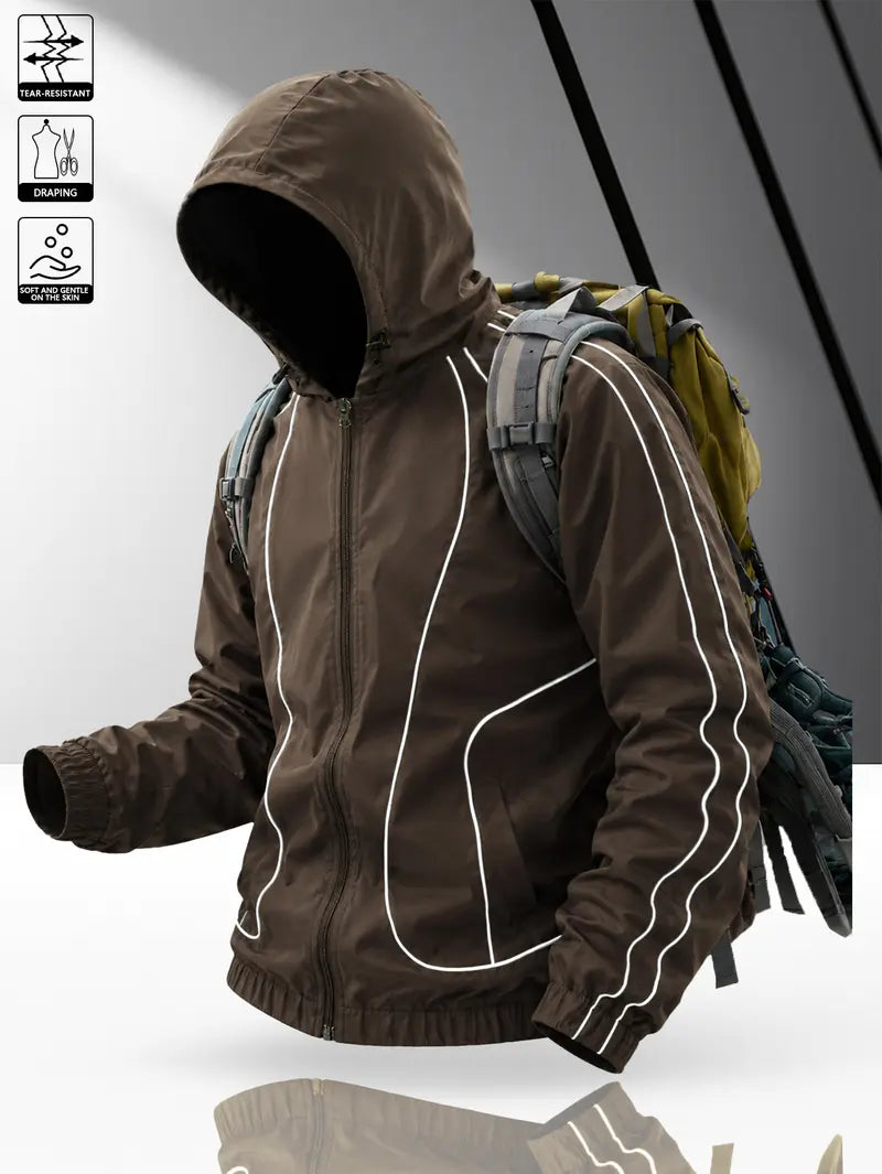 Men's windproof waterproof jacket, breathable outdoor hiking coat, foldable hat design, lightweight and durable, all weather use, suitable for spring and summer in thin styles.