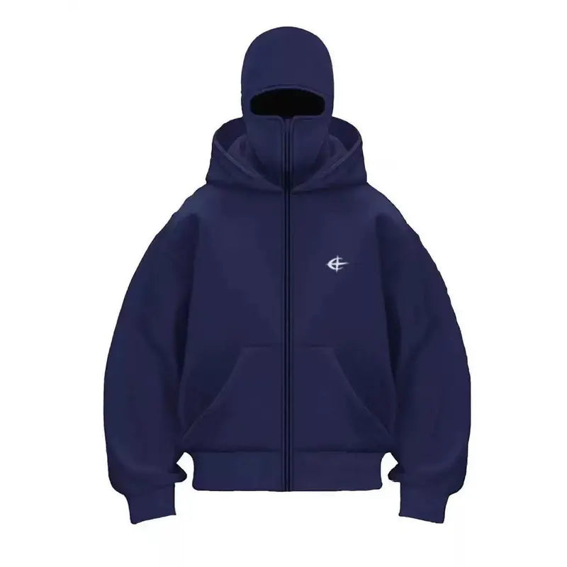 Unisex Double Hood Balaclava Full Zip Hoodie, Y2K Streetwear Boxy Cropped Fleece Sweatshirt, Ski Mask Face Cover Zip Up Jacket for Men Women, Multiple Colours