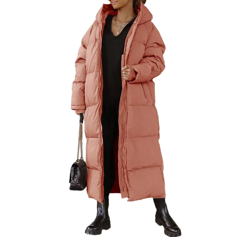 Danedvi Women's Long-Sleeve Soft Padded Quilted Hooded Neck Maxi Down Puffer Jacket - Ribbed Windproof Shell, Pocket, Zippered Closure, Chic Cold-Weather Outerwear, Holiday Gift, Fashionable Basic for Date Outings, Perfect Gift, Down Jacket