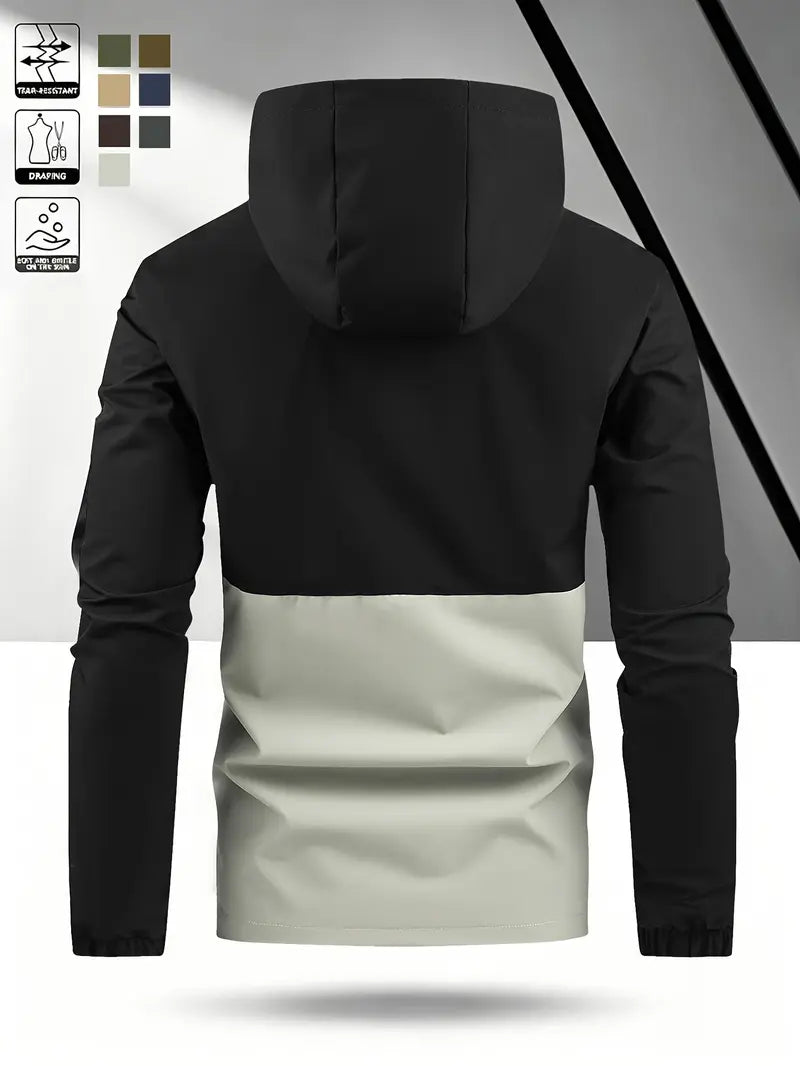 Men’s Color-Block Hooded Hardshell Coat - Tear-Resistant, Wear-Resistant Menswear with Contrast Zip, Multiple Waterproof Zippered Pockets, Adjustable Drawstring Hood, Long-Sleeve Outerwear for Autumn/Winter Mountaineering, Hiking