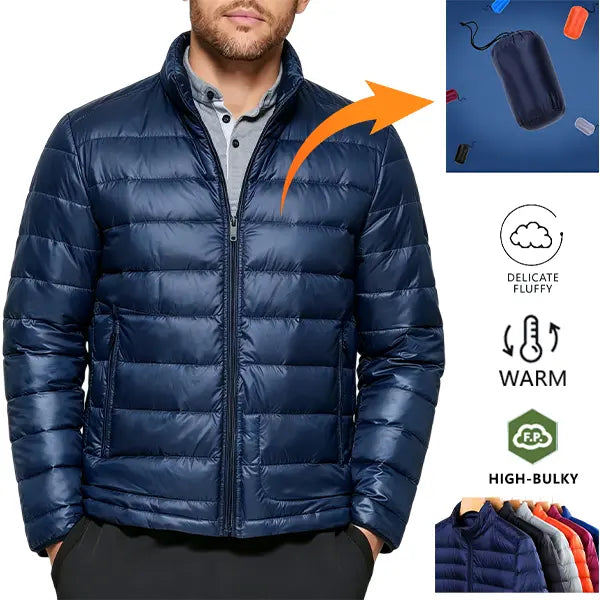 Men’s lightweight down jacket with a stand collar and storage feature; available in five colors; portable, compressible, warm, and highly puffy for autumn/winter; zippered outerwear; five-color stand-collar zippered portable travel outerwear for a...