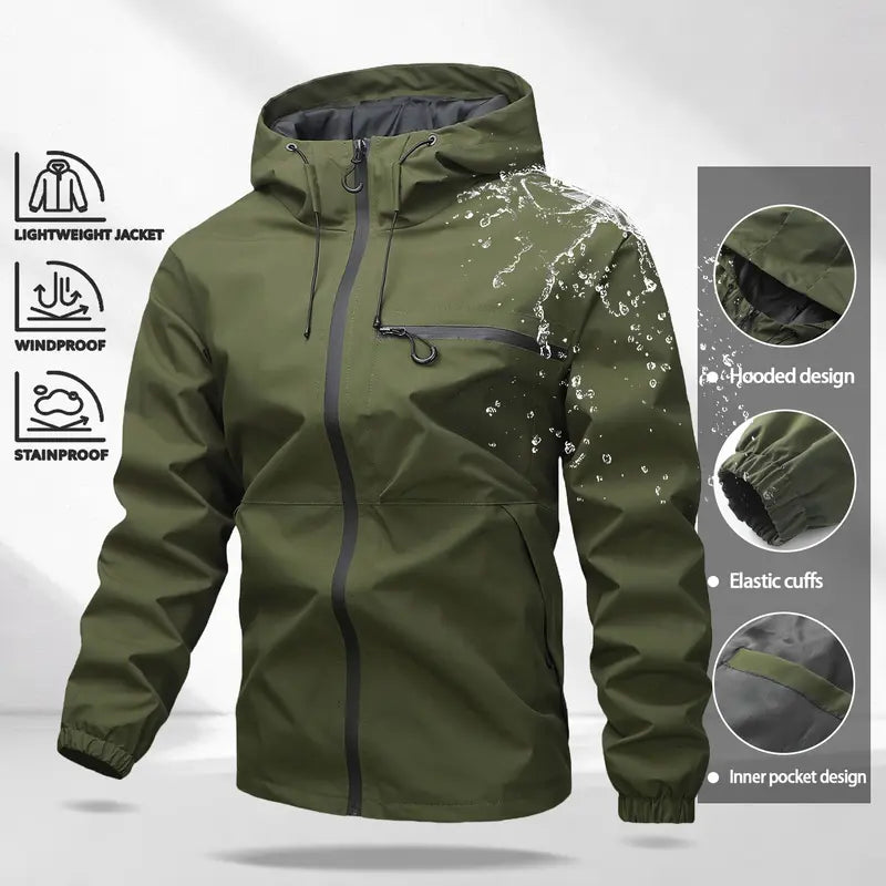 Unisex all-weather waterproof windproof jacket | Lightweight outerwear with a hood and adjustable brim, suitable for hiking and everyday wear, with adjustable cuffs—ideal for hiking and commuting