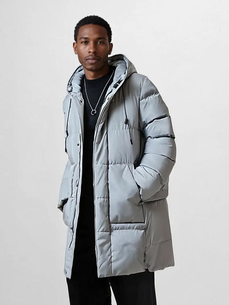 New men’s mid-length cotton hooded jacket, plus size for autumn/winter; loose fit, thick and warm, comfortable; suitable for outdoor travel, mountaineering, hiking, cycling, and running; fashionable, versatile, trendy.