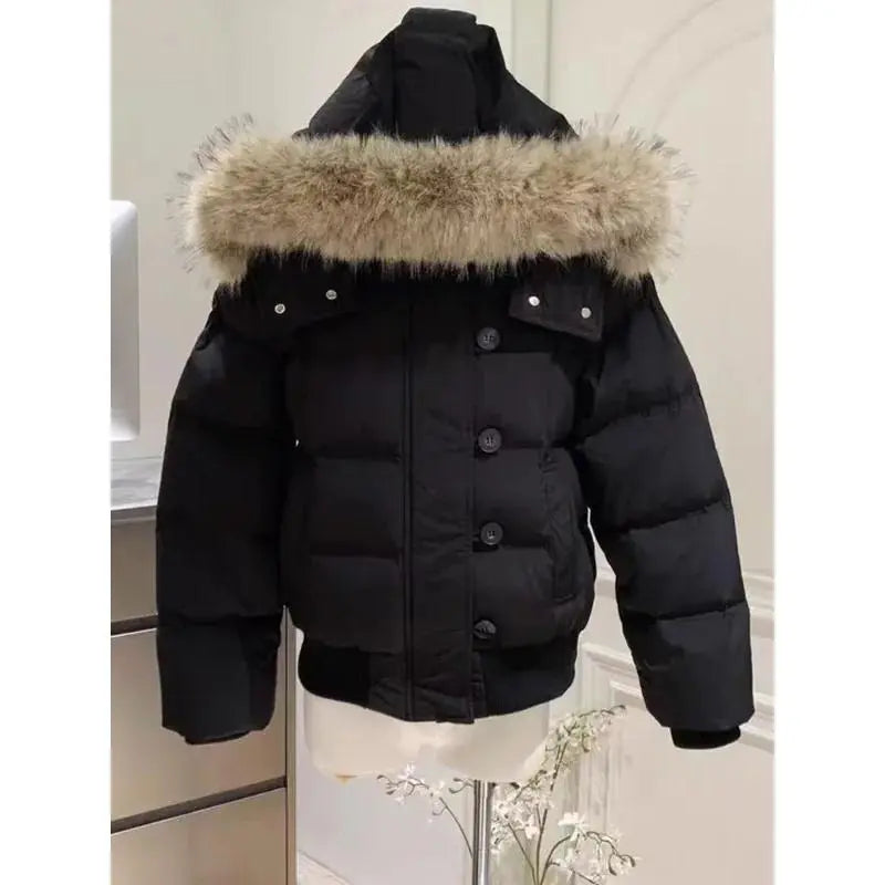Autumn Winter Fur Hooded Jacket Women Outerwear Thick Dowon Cotton Padded Slim Short Parkas Female Cropped Puffer Bubble Coat