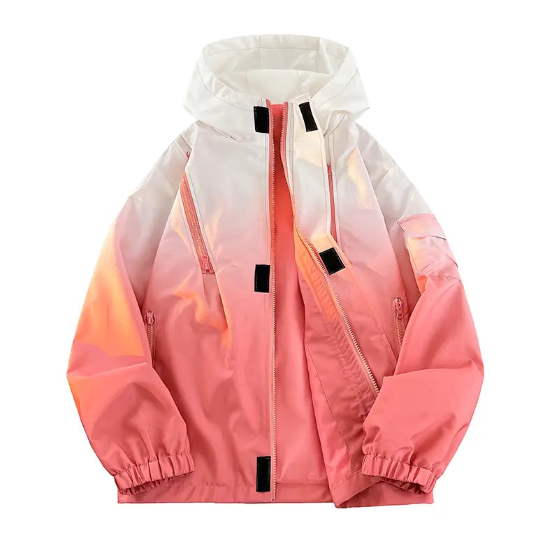 Men’s Gradient Long Sleeve Hooded Work Jacket - Polyester, Loose-Fit, Zip-Up, Multiple Pockets, Windproof, Casual Fashion Outerwear, Modern Style Lightweight Work Jackets, Zip Up Hoodies