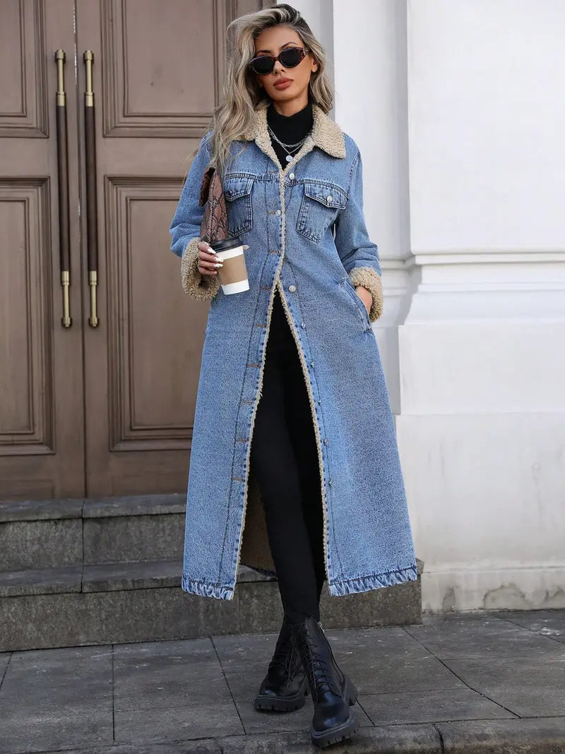 Women's Fall Winter Chic Fashion Long Cozy Denim Jacket with Long Sleeves, Elegant Lapel Single Button Fleece Lined Warm Coat, Casual Versatile Outerwear