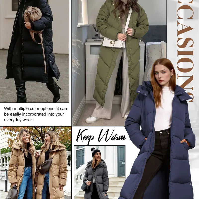 UMIPUBO Lady's Long Sleeve Calf-Length Maxi Puffer Down Coat, Winter Warm Padded Outerwear with Removable Faux Fur Hood, Full-Zip Parka Tops, Detachable Fur, Removable Hood