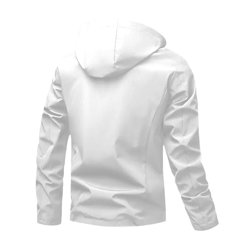 Men's Lightweight Hooded Windbreaker Jacket - Casual Outdoor Fashion Coat with Utility Pockets & Sleeve Patch Beige Long Sleeve