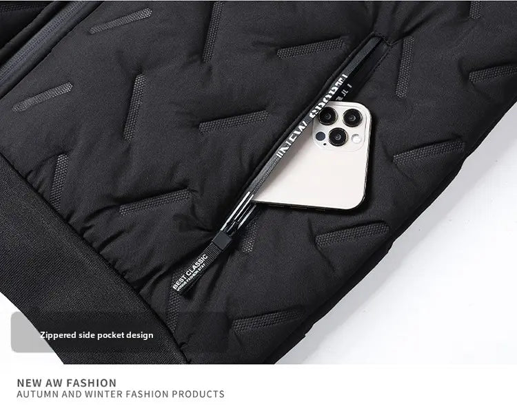 Men's winter jacket lined hooded jacket windproof and waterproof heavyweight outdoor warm jacket with safety zipper pocket high-performance filled bomb jacket lightweight geometric texture technology clothing black Sherpa Fleece