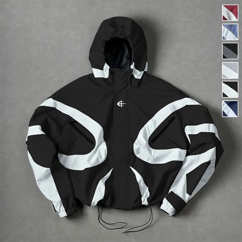 All Season Curved Contrast Spliced Fixed Hood Wind Jacket for Men, Tiny Chest Logo Velcro Cuffs & Drawstring Bottom Hem, Durable Light Zip Up Outer Coat for Shopping Training Street Style