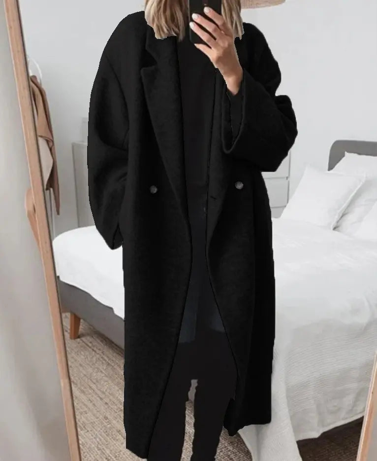 Women’s long winter trench coat with double-breasted design and turn-down collar, button closure, casual and fashionable for everyday wear