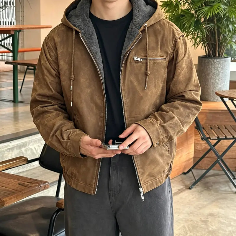 Men’s fleece-lined hooded canvas work jacket, zip-up removable collar, warm winter utility outerwear, casual trucker coat