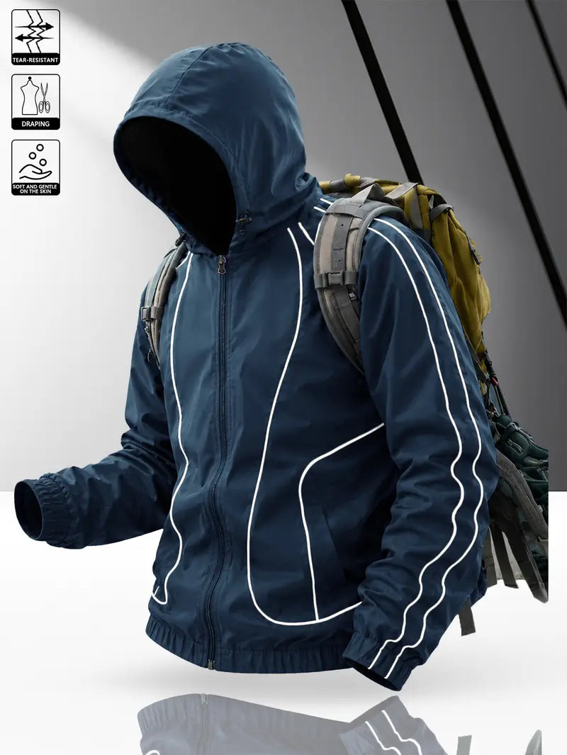 Men's windproof waterproof jacket, breathable outdoor hiking coat, foldable hat design, lightweight and durable, all weather use, suitable for spring and summer in thin styles.
