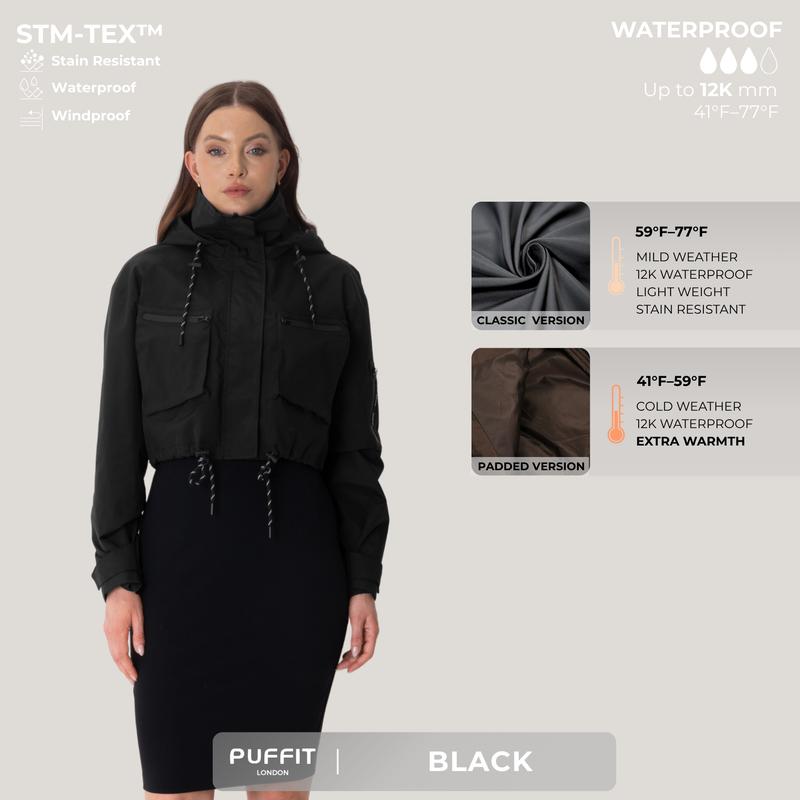 PUFFIT STM-TEX Elevated Cropped Detachable-hood Rain Jacket With Drawstring Hem,WaterProof,Stain Resistant,Windproof,Women's Rain Jacket,Breathable Stylish,Inner Pocket Design,Outdoor Sport,Windbreaker,School Running,Womenswear,,Fall,Winter,2026 S...