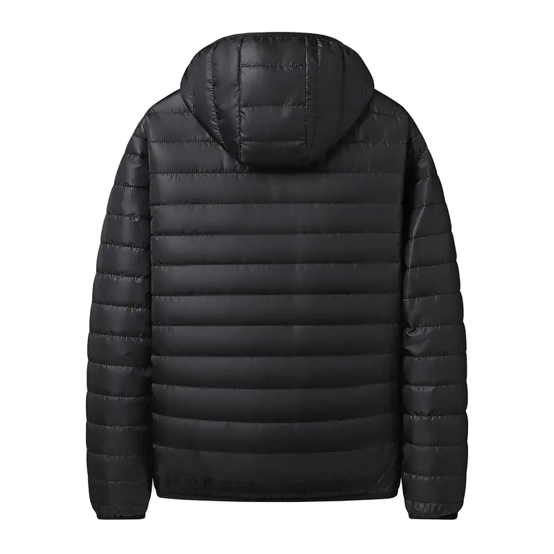 Men's Hooded Puffer Coat - Menswear Longsleeve Plain Retro Top, Fitted Zippered Fleece-Lined Lightweight Warm Winter Parka with Pockets for Outdoor Ski, Casual Outfits