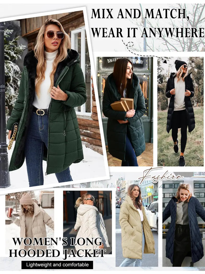 HEEKPEK Lady's Hooded Neck Fitted Long Sleeve Full Arm Down Fabric Jacket - Windproof, Waterproof, Fur-Lined, Zipper Front, Stylish Tops for Women for Commuting, Outdoor Activities