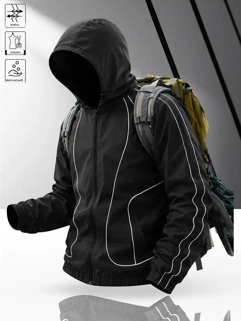 Men's windproof waterproof jacket, breathable outdoor hiking coat, foldable hat design, lightweight and durable, all weather use, suitable for spring and summer in thin styles.