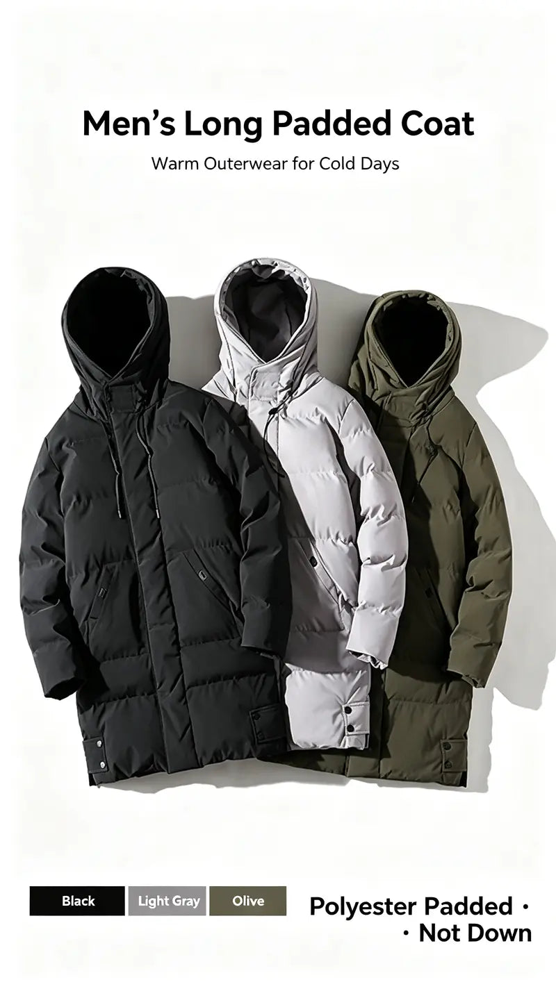 Men’s Winter Long Plain Puffer Jacket (Plus Size/Big & Tall) - Polyester-Filled Heavyweight Quilted Windproof Coat, Adjustable Drawstring Hood, Snap Buttons Hem, Zip-Up Street Chic Warm Jacket for Extreme Cold