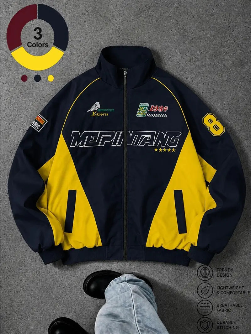 Men’s Thin Windproof Polyester Casual Racing Jacket - Lightweight, Embroidered Fashion Pattern Outerwear, Breathable Sporty Active Urban Moto Men's Jacket, Unisex All-Season Coat, Breathable Jacket