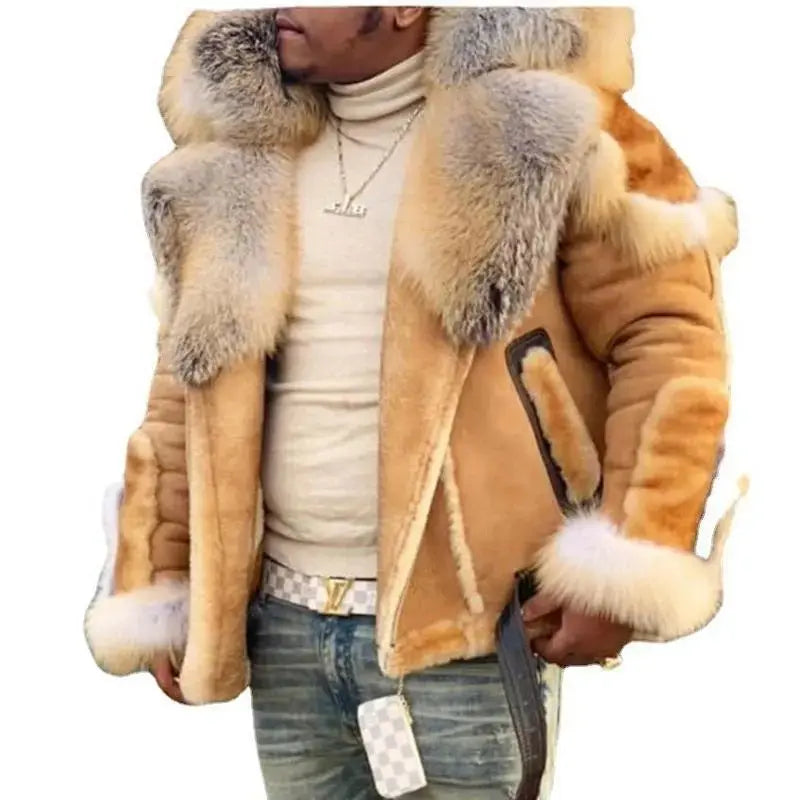 Material Upgrade Thickened Domestic Wearable Quality Men's Faux Leather Velvet Large Fur Collar Long Sleeve Jacket 6516