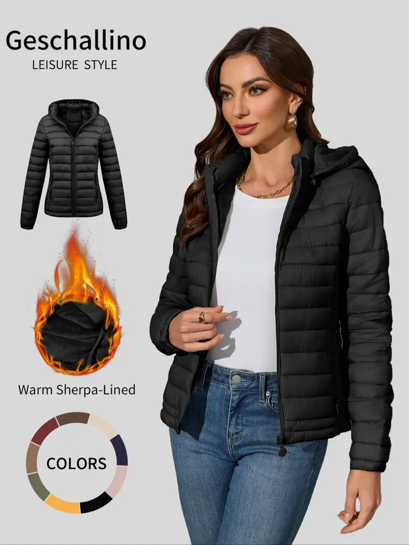 Women's Winter puffer Jacket, Casual Fitted Hooded Quilted Coat with Pockets, Warm Lightweight Commuter Outerwear for Fall & Winter