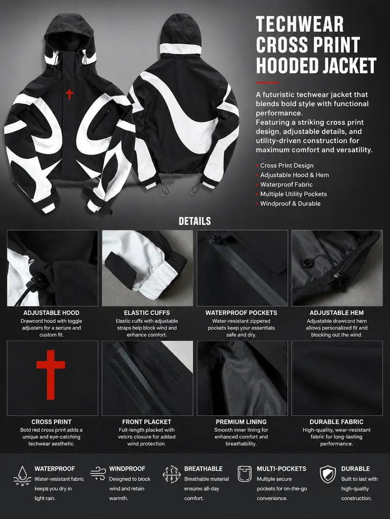 Men's Baggy Cross-Print Hooded Zip-Up Techwear Windbreaker Jacket - Textured Woven Fabric, Waterproof, Long-Sleeve, Lightweight, Unisex Fit, Patchwork, Outdoor/Party/New Year Wear, Biker Streetwear Work Top