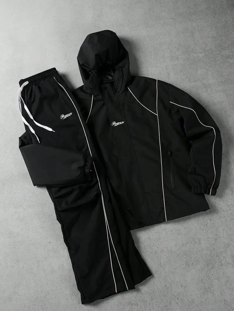 Men's Reflective Lettered 2-Piece Windbreaker Tracksuit - Male Clothing, Drawstring Hood, Elasticated Cuffs, Windproof, Suitable for Spring/Autumn Commuting, Night Running
