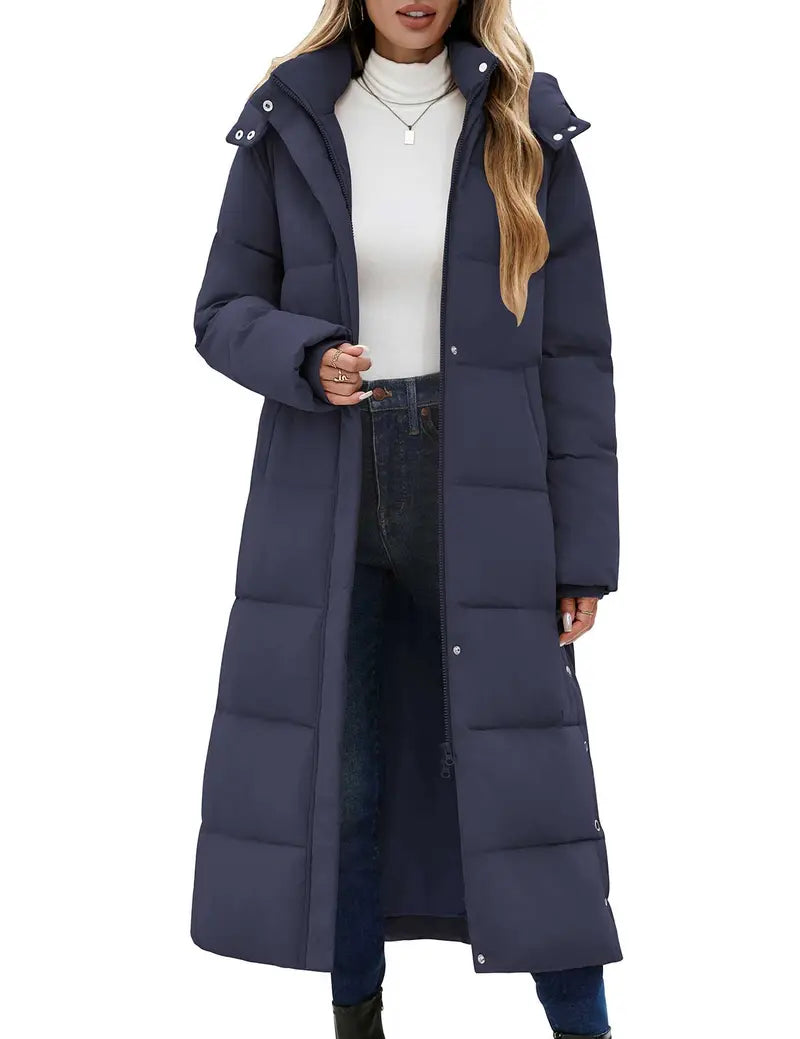 UMIPUBO Lady's Long Sleeve Fitted Casual Long Maxi Down Coat, Winter Puffer Jacket, Warm Padded Outerwear, Tops with Removable Faux Fur Hood, Full-Zip Parka