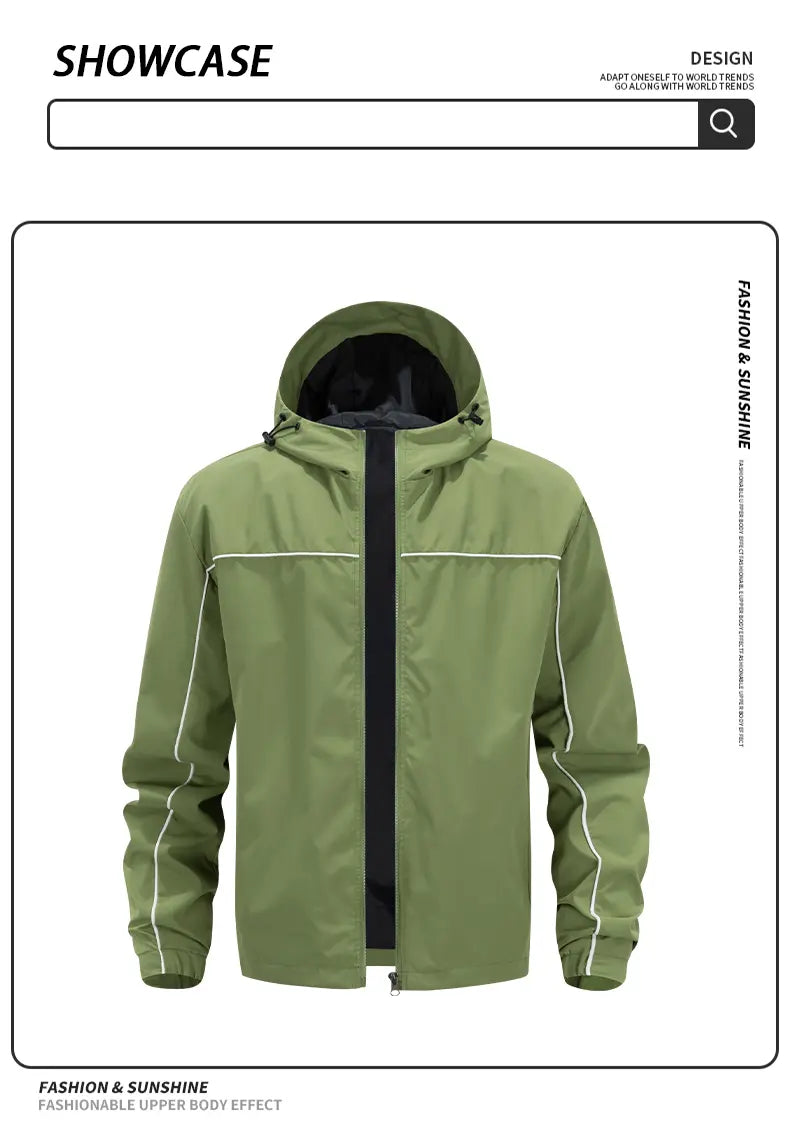 Men’s 3-Pack Hooded Full-Zip Lightweight Jackets, Reflective Piping Windbreaker Coats, Casual Outdoor Zip-Up Jackets with Elastic Cuffs & Hem, Fall/Spring Everyday Streetwear, Black/Navy/Green