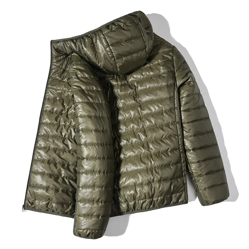 Men’s Glossy Fitted Woven Padded Lightweight Insulated Windproof Hooded Plain Coat - Autumn-Winter Casual Male Clothing for Everyday Wear, Navy Blue, Lightweight Casual Coats, Jacket