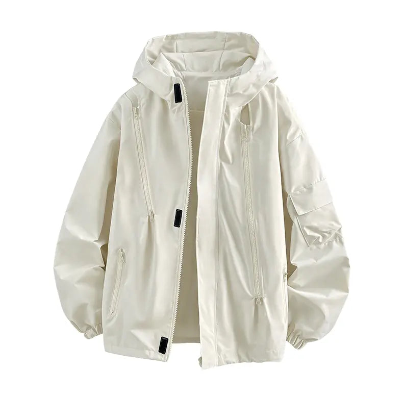 Men’s hooded windbreaker jacket, water-resistant fabric loose cargo outerwear with multiple zippered pockets, everyday outdoor casual top