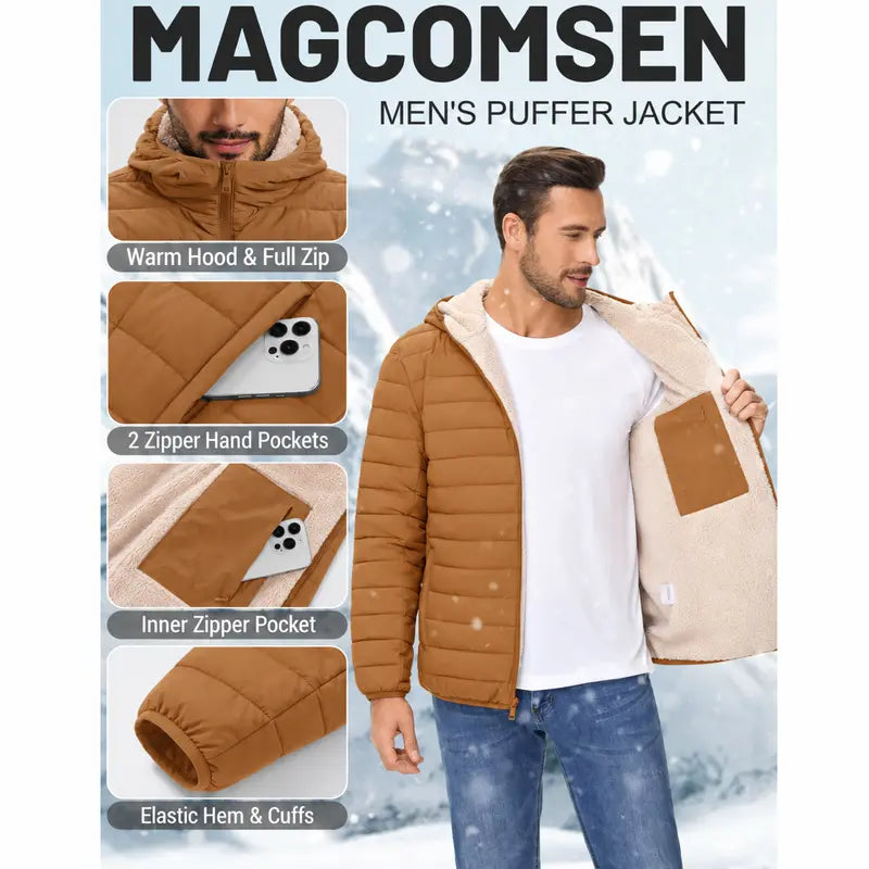 MAGCOMSEN Men's Puffer Down Jacket - Hooded, Sherpa Lined, Waterproof, Water Resistant, Zip Closure, with 1 Hidden Inner Pocket Winter Coat