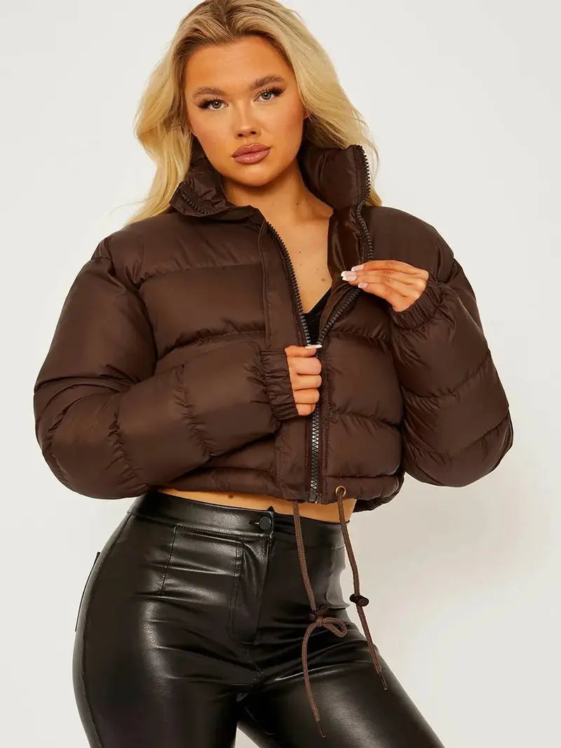 BIGWIG women's short down jacket, zipper thickened quilted short coat, drawstring winter down jacket, autumn and winter cotton jacket, windproof, waterproof and cold-proof cotton jacket, puffer jacket, fashionable zipper stand collar