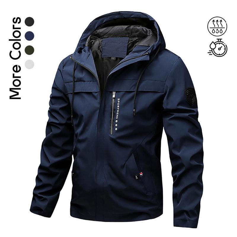 Men's Lightweight Hooded Windbreaker Jacket - Casual Outdoor Fashion Coat with Utility Pockets & Sleeve Patch Beige Long Sleeve