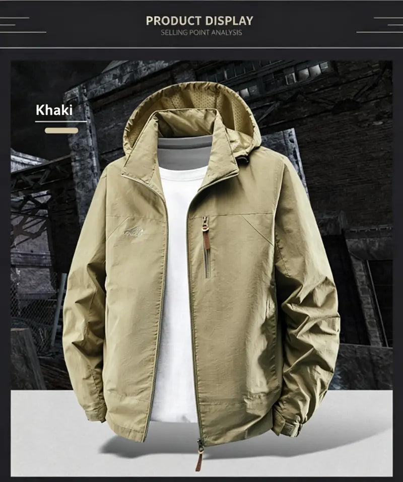 Men's Polyester Plain Full-Zip Water-Resistant Windbreaker Jacket with Hood, Lightweight Outdoor Shell Coat for Hiking, Daily Outdoor Wear