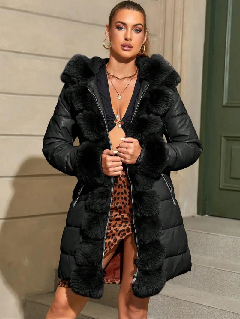 Women's Elegant Chic puffer Coat with Fleece Trim, Faux Fur & Belt, Mid-Length Fall Winter Hooded Fitted Woven Jacket, Warm Daily Wear Outerwear Tops, Womenswear
