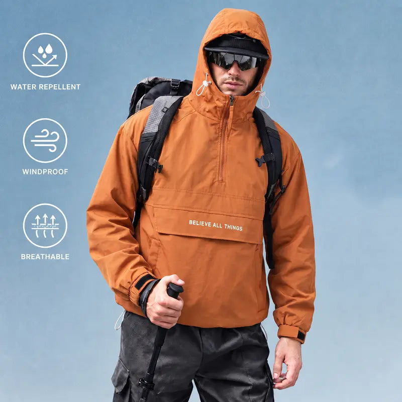 ZMZY Men's Half-Zip Jacket Lightweight Hooded Casual Outdoor Windbreaker, All-Season Oversized Relaxed Fit Coat with Drawstring Hem & Side Pockets for Teen Adults, Work Streetwear Style