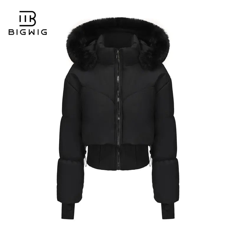 BIGWIG Women's Fitted Long-Sleeve Short Down Parka - 2025 Fashion New Style, Hooded, Stand-Up Collar, Quilted Filling, Zipper Closure, Outerwear Coats for Autumn & Winter Outings