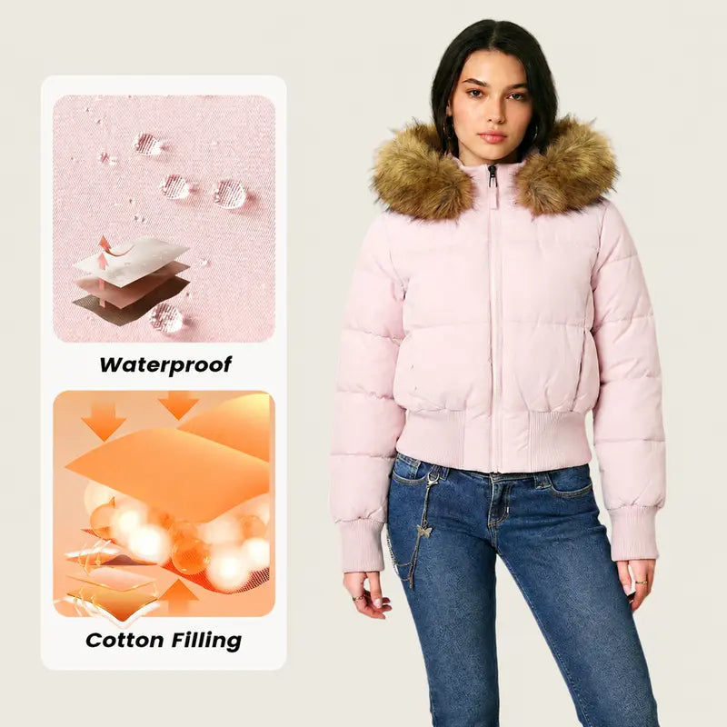 Arssm Womens Cropped Puffer Jacket Hooded Winter Warm Puffer Coat