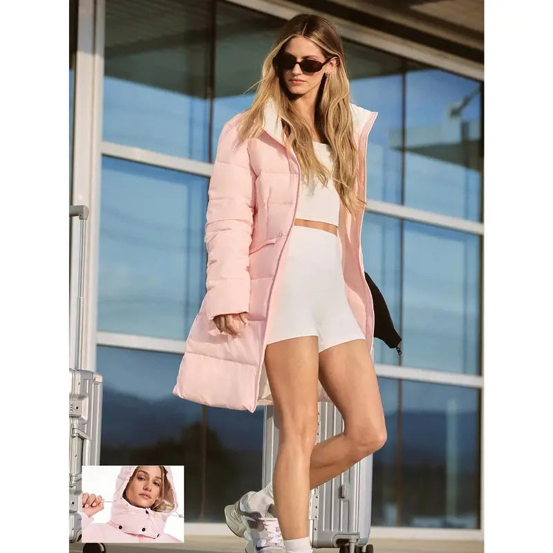 GLOWMODE Chic In Warmth Blizzard Flex Matte Soft Cozy Insulating Zipper Snap Button Closure Pockets Detachable Hood Hip-To-Mid-Knee Length Puffer Jacket Autumn Winter Outdoors Daily Casual Wear