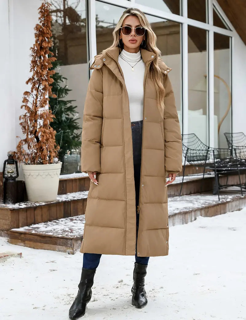 UMIPUBO Lady's Long Sleeve Calf-Length Maxi Puffer Down Coat, Winter Warm Padded Outerwear with Removable Faux Fur Hood, Full-Zip Parka Tops, Detachable Fur, Removable Hood