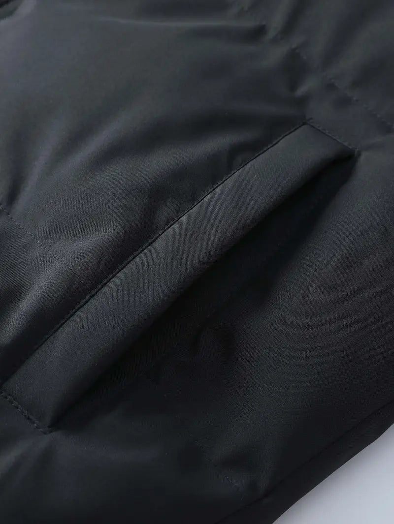 Loose-fit hooded cotton jacket with horizontal topstitching and down filling, full zip closure, basic warm casual cotton jacket