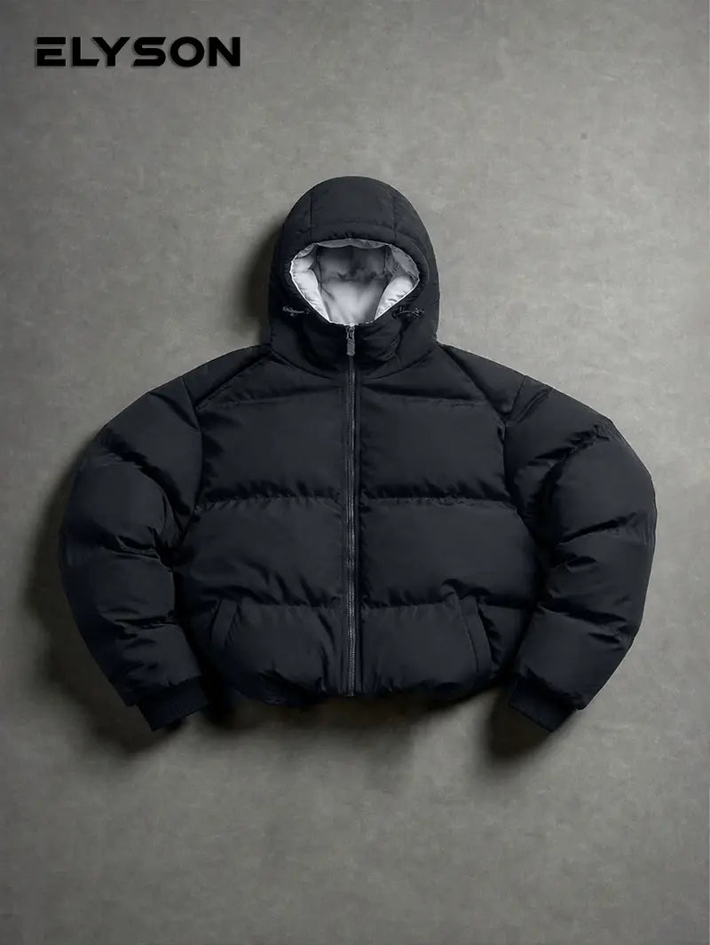 Loose-fit hooded cotton jacket with horizontal topstitching and down filling, full zip closure, basic warm casual cotton jacket