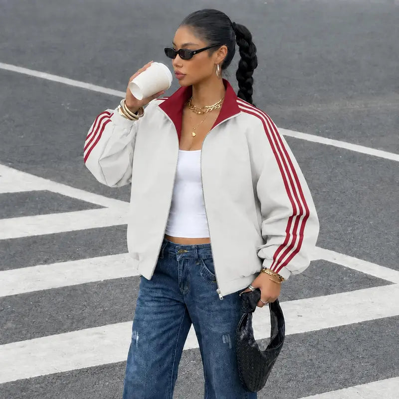 Women Reversible Zip Up Track Jacket, Striped Sleeve Stand Collar Windbreaker, Two Wear Ways Loose Drop Shoulder Outerwear, Elastic Cuffs Casual Athletic Coat, Lightweight Reversible Sport Jacket For Daily Streetwear, Shopping And Weekend Hangouts