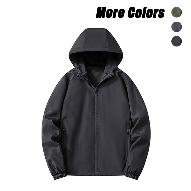 Men's Solid-Color Minimalist Full-Zip Hooded Active Jacket - Soft, Lightweight, Windproof, Breathable, Stylish, Elastic Mesh - Athlete Jackets, Casual Athletic, Black + Gray for Outdoor Hiking, Casual Wear