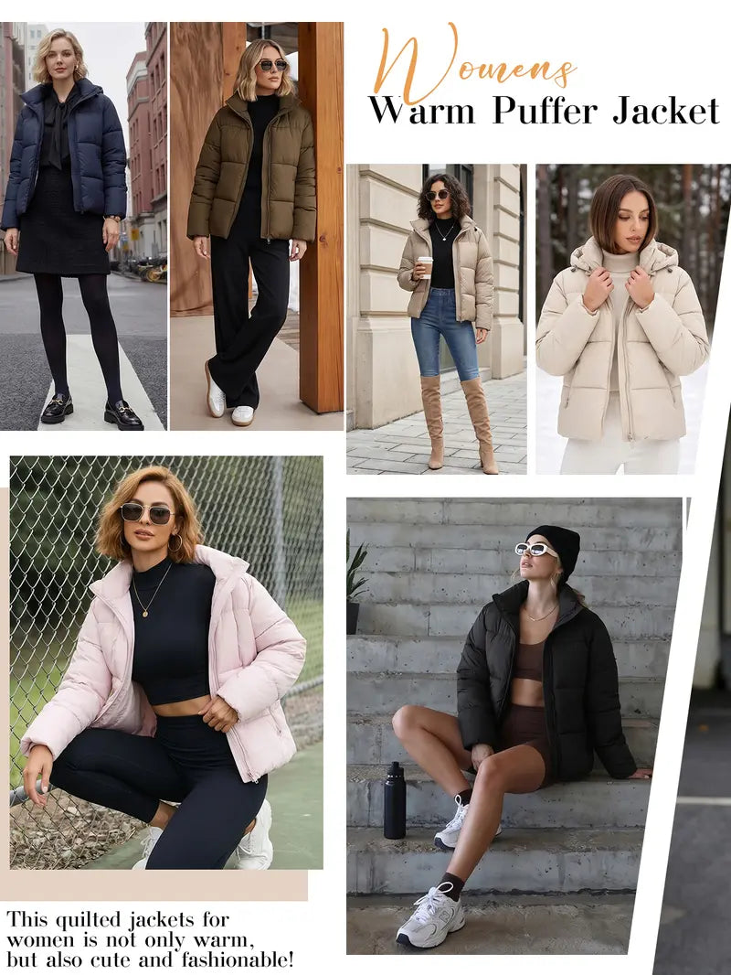 Winter Puffer Coat for Women Warm Cropped Jacket | Faux Fur Lining Quilted Parka with Pockets & Hood Tops Womenswear